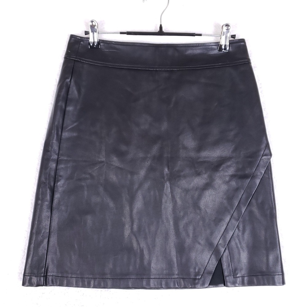 LOFT Faux Leather Mini Skirt 2P Black Wrap Front Edgy‎ Minimalist Office Goth